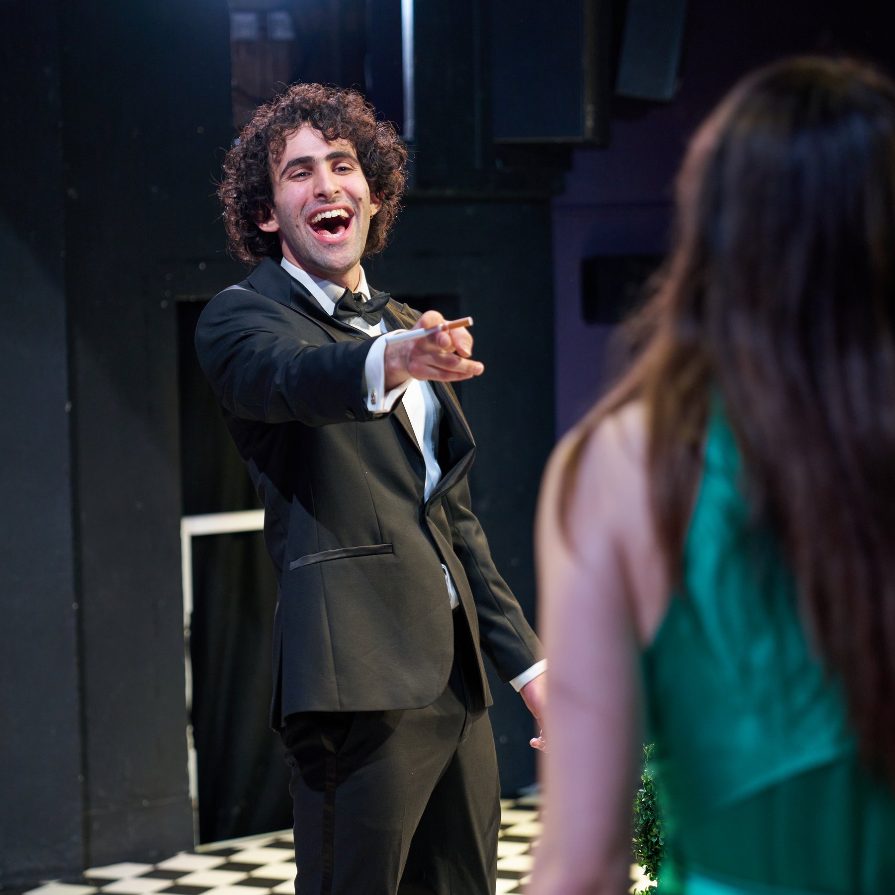 Leo Morad laughing on stage, Private Lives