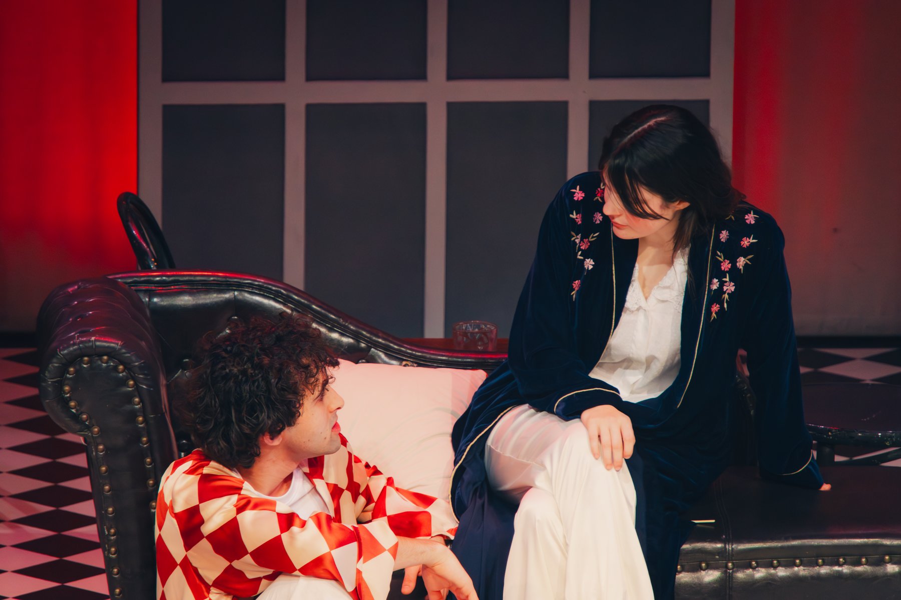Leo Morad on stage seated with a co-star, Private Lives